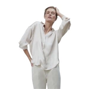 ZARA Oversized Satin Button-Up Blouse in Ivory White Size XL NWT